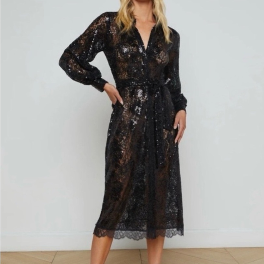 NWT L'AGENCE Frida Lace Sequin Midi Shirtdress with tie belt | Black | Small